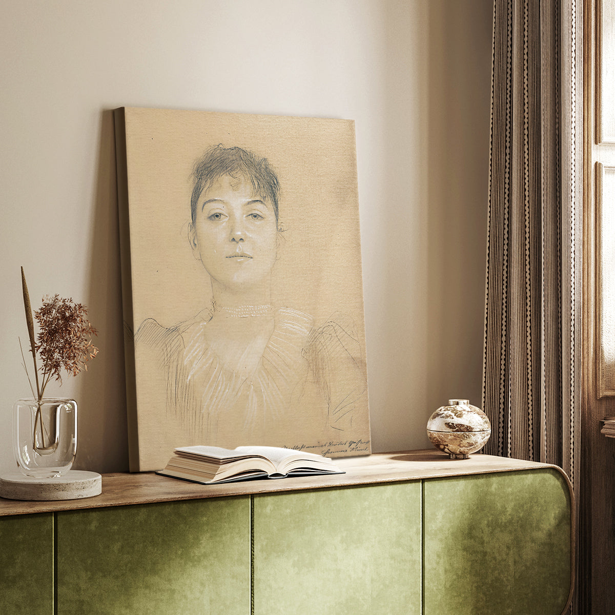 Canvas art print of a refined female head with minimal detail and gentle tones styled in a home decor setting.