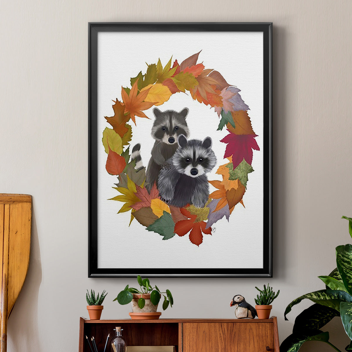 Raccoons Autumn Leaf Wreath - Modern Framed Canvas Print