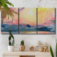 Three-panel canvas wall art featuring prismatic watercolor coastal seascape, displayed in a boho-chic entryway above a console table.