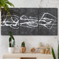 Three-panel canvas wall art featuring minimal abstract frequency lines, displayed in a boho-chic entryway above a console table.