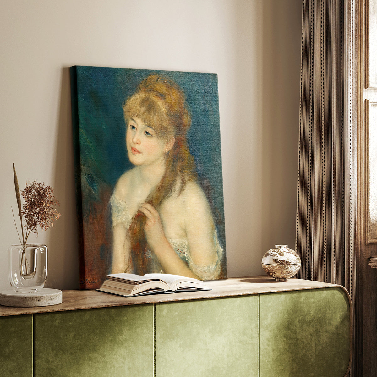 Canvas art print of a figure seated while arranging her hair with gentle brushwork styled in a home decor setting.