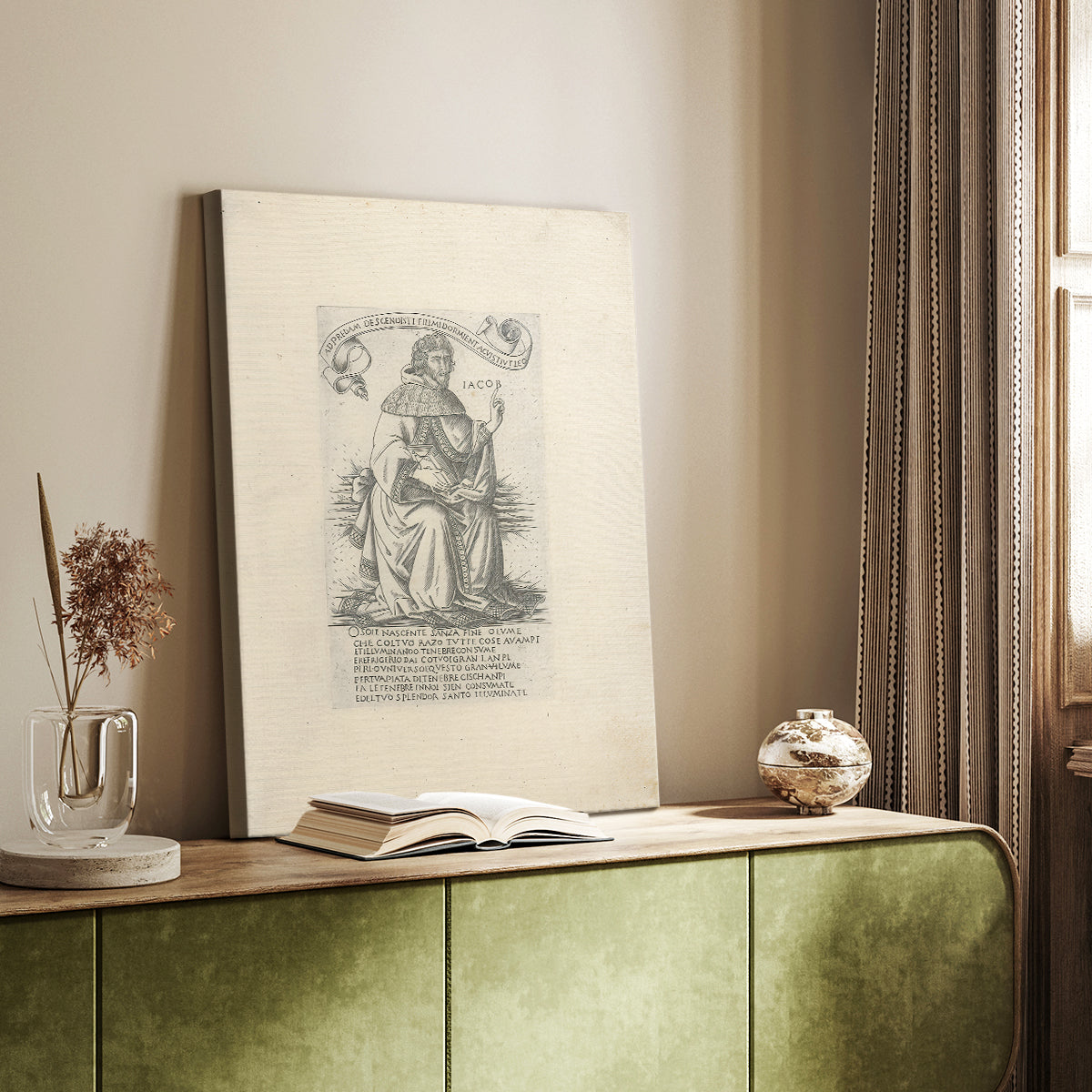 Canvas art print of a classical figure with fine etched detail and structured pose styled in a home decor setting.