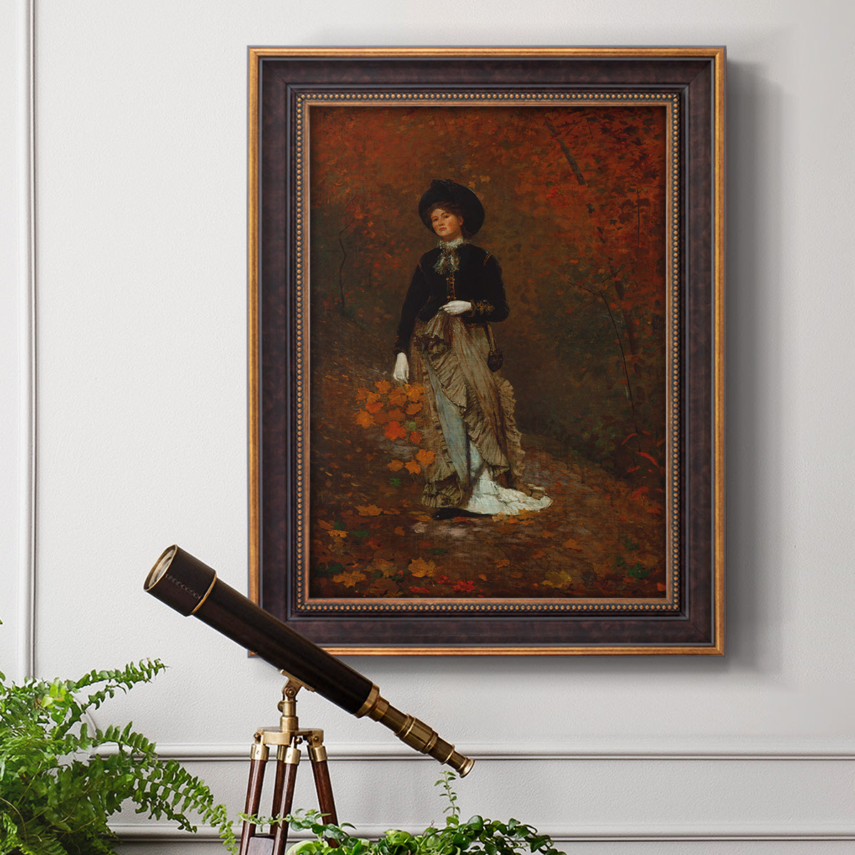 Realist autumn portrait scene by Winslow Homer in an ornate bronzed mahogany wood frame displayed in a light-toned interior setting.