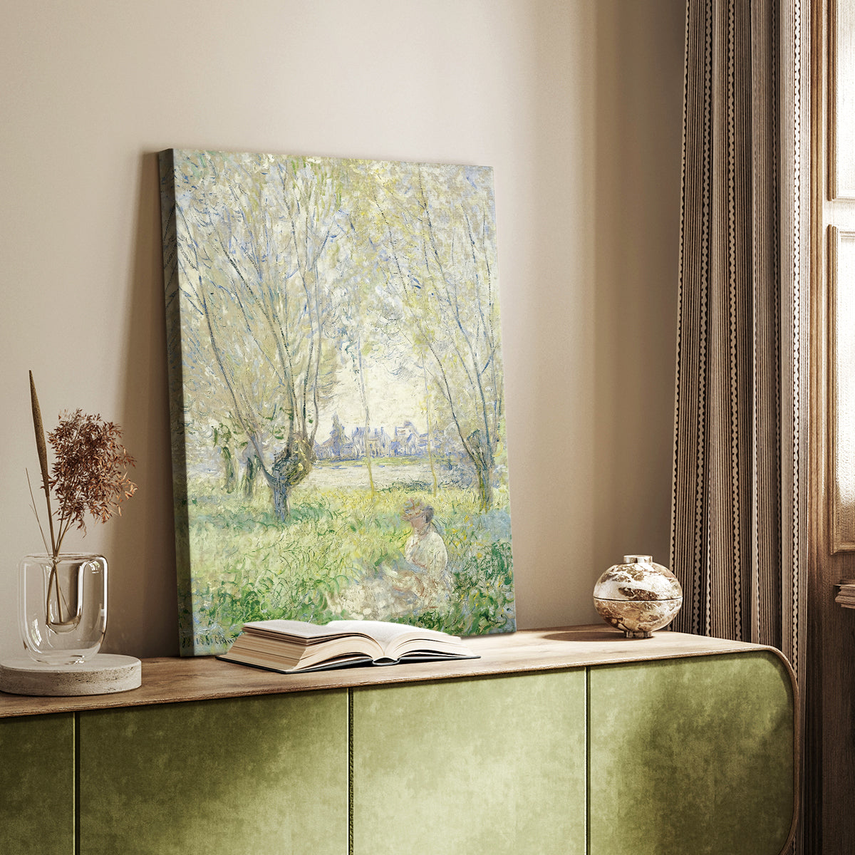 Canvas art print of a figure resting in nature with light filtering through foliage styled in a home decor setting.