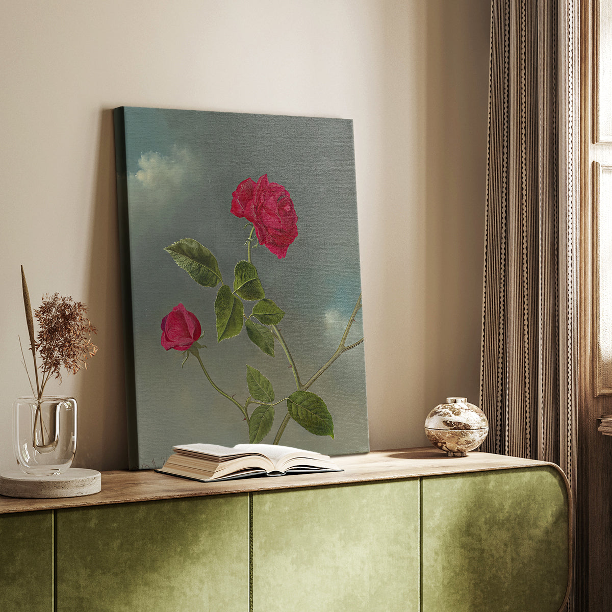 Canvas art print of a simple floral composition with gentle tones and texture styled in a home decor setting.