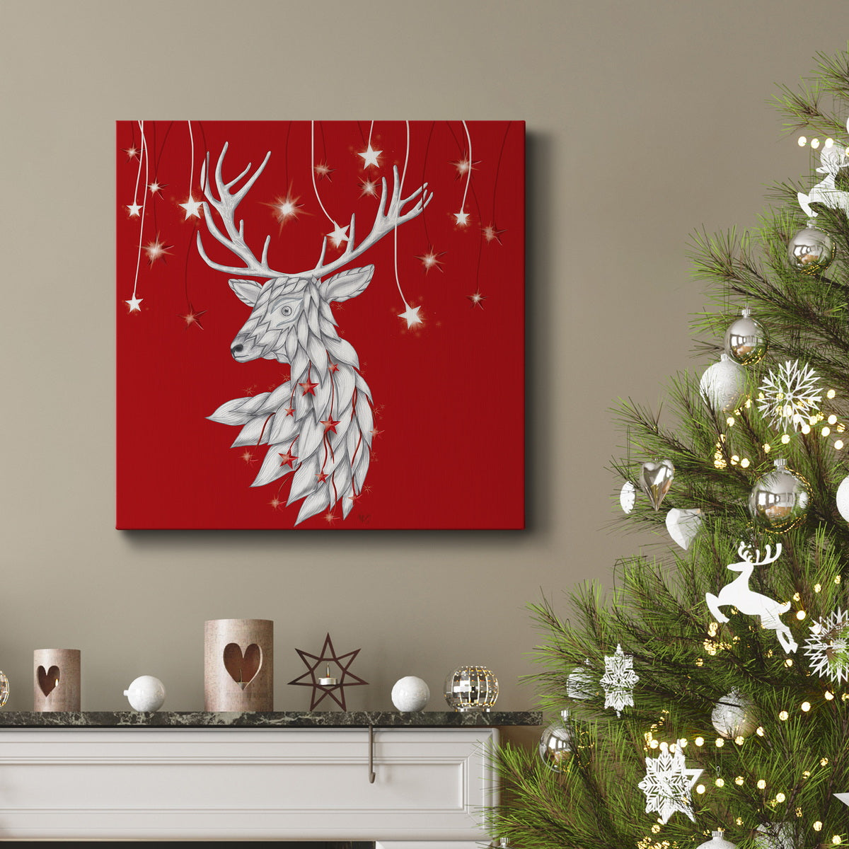 White Deer and Hanging Stars-Premium Gallery Wrapped Canvas - Ready to Hang