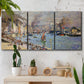 Three-panel canvas wall art featuring evening harbor with reflections, displayed in a boho-chic entryway above a console table.