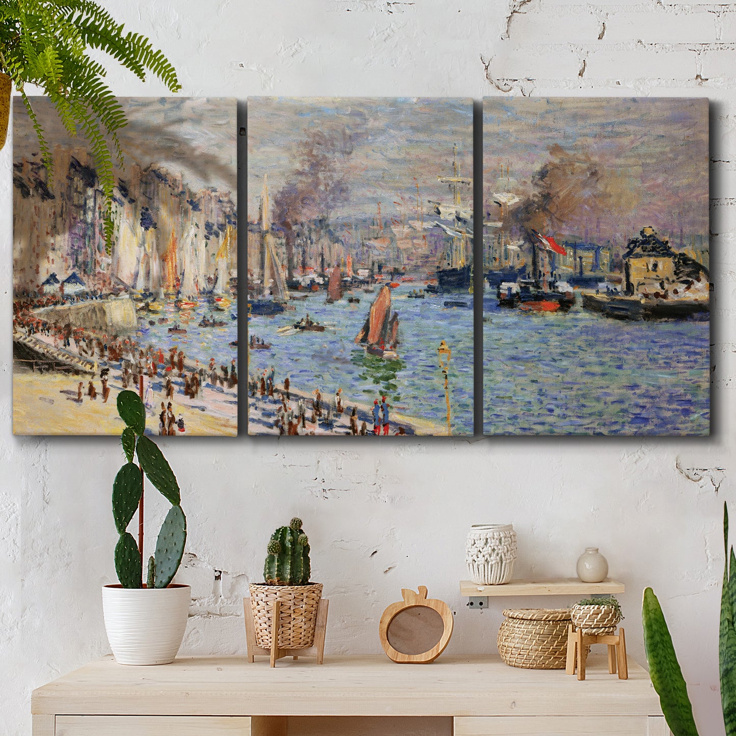 Three-panel canvas wall art featuring evening harbor with reflections, displayed in a boho-chic entryway above a console table.