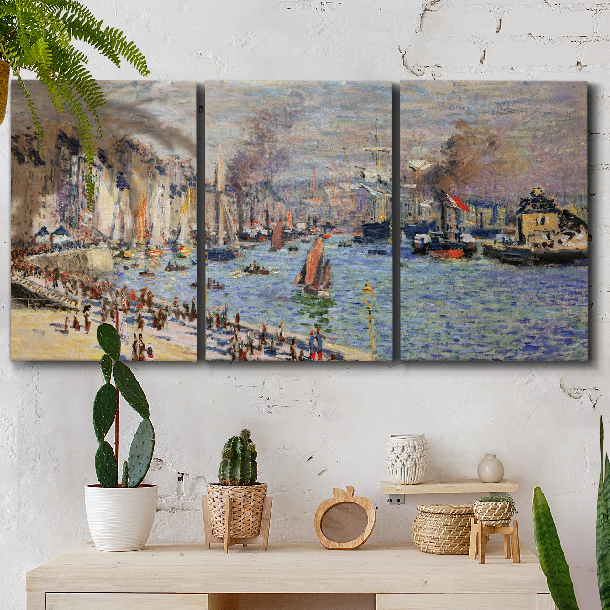 Three-panel canvas wall art featuring evening harbor with reflections, displayed in a boho-chic entryway above a console table.