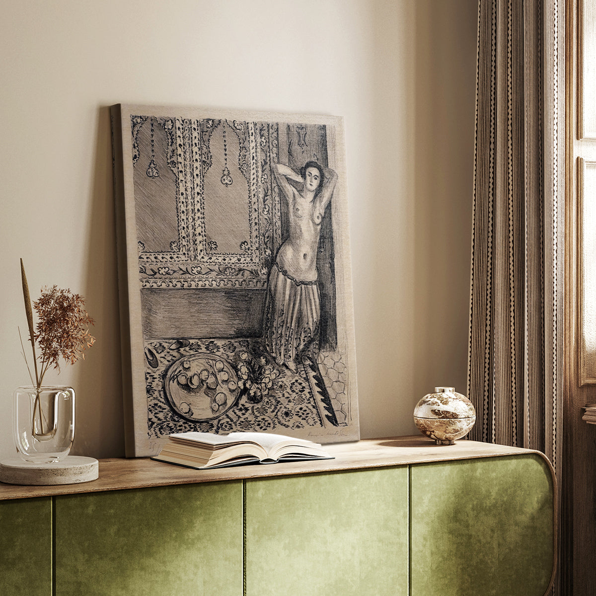 Canvas art print of a stylized figure with decorative costume and bold tones styled in a home decor setting.