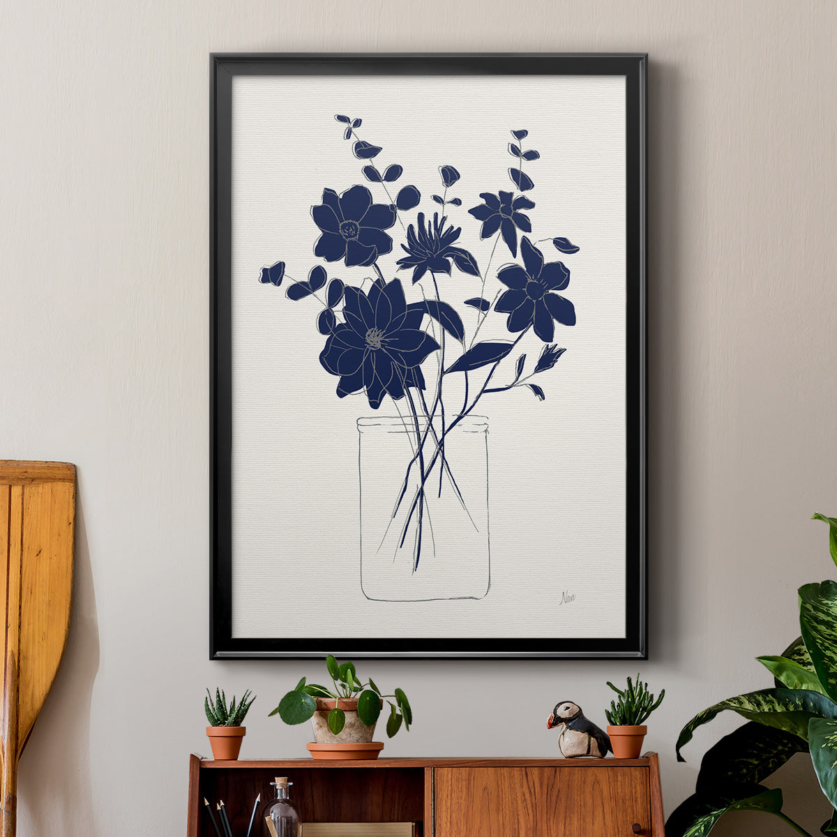 Indigo Sketch Bouquet II - Modern Framed Canvas Print