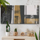 Three-panel canvas wall art featuring industrial mid century abstract glitch, displayed in a boho-chic entryway above a console table.