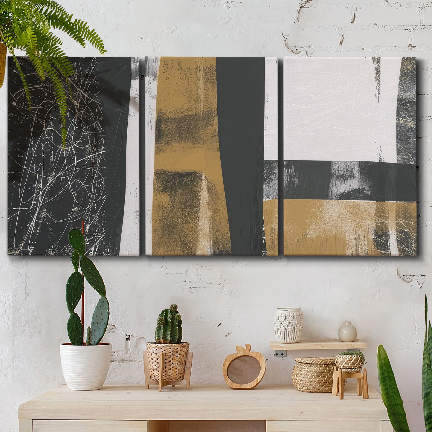 Three-panel canvas wall art featuring industrial mid century abstract glitch, displayed in a boho-chic entryway above a console table.