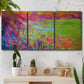 Three-panel canvas wall art featuring abstract meadow inspired color fields, displayed in a boho-chic entryway above a console table.