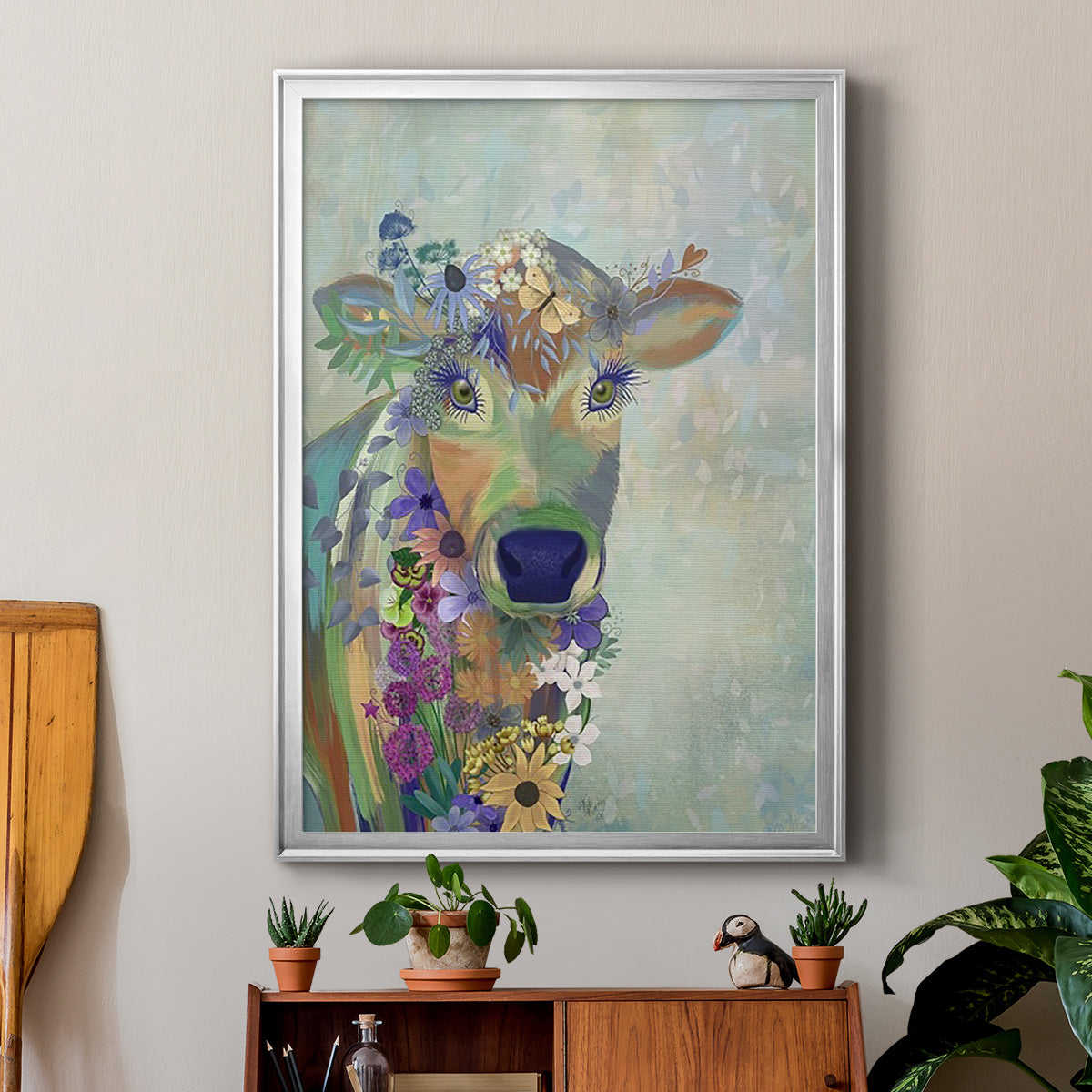 Fantastic Florals Cow - Modern Framed Canvas Print