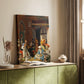 Canvas art print of a cultural setting with richly dressed figures and soft light styled in a home decor setting.