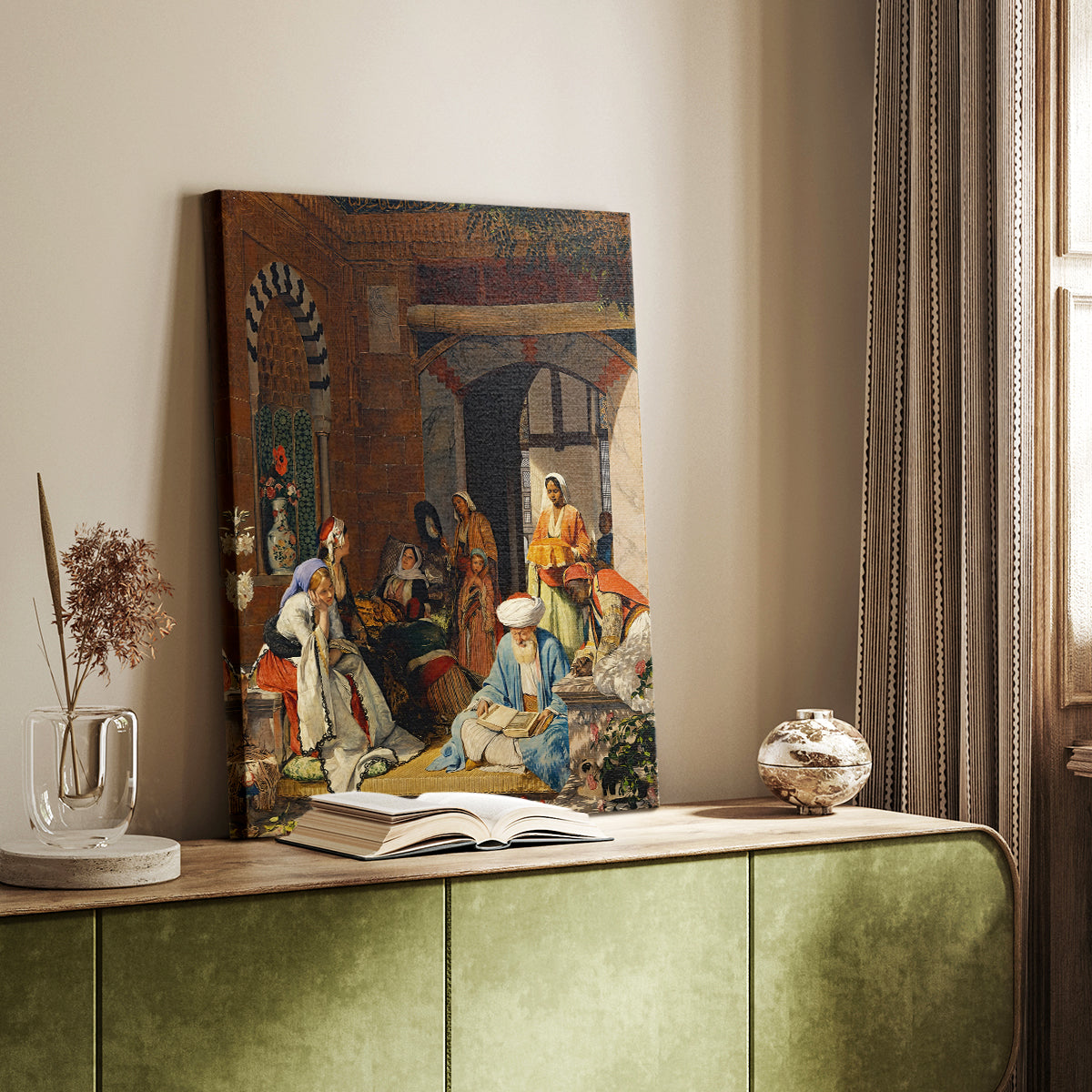 Canvas art print of a cultural setting with richly dressed figures and soft light styled in a home decor setting.