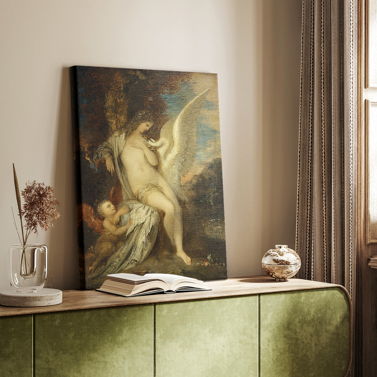 Canvas art print of a mythological composition with flowing forms and soft light styled in a home decor setting.