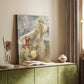 Canvas art print of a stylized female figure surrounded by floral motifs and soft tones styled in a home decor setting.