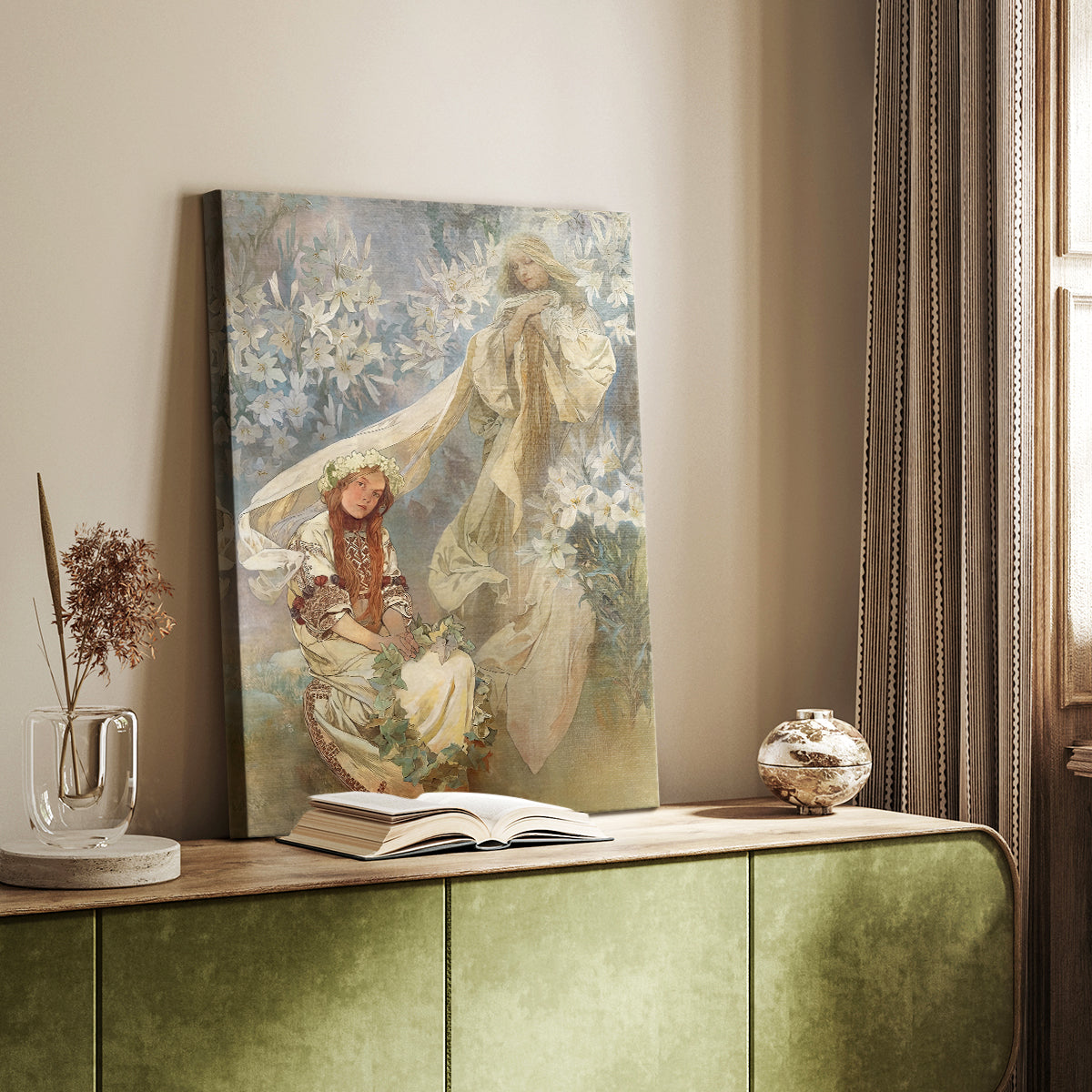 Canvas art print of a stylized female figure surrounded by floral motifs and soft tones styled in a home decor setting.