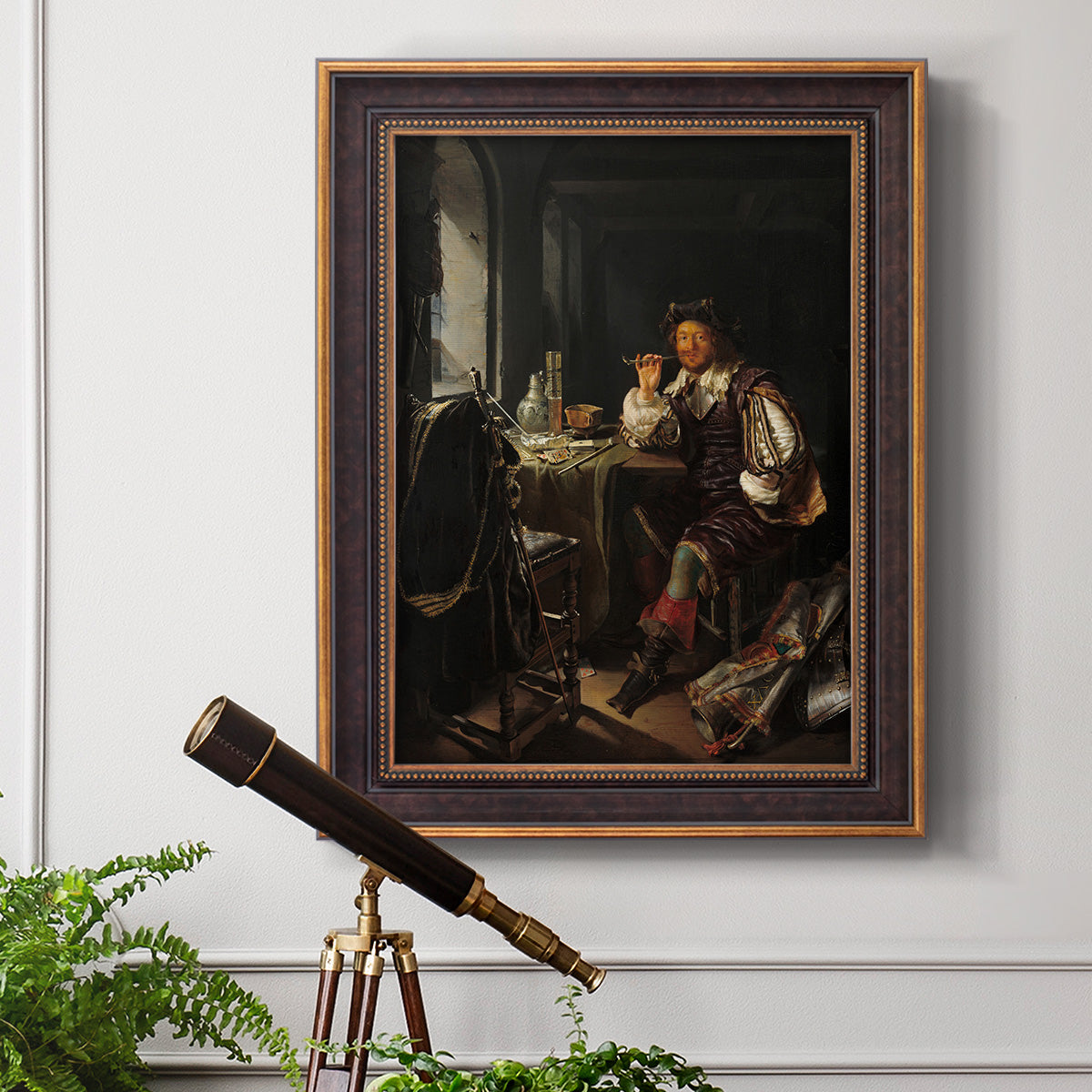 Classical portrait of a soldier smoking a pipe by Frans van Mieris the Elder in an ornate bronzed mahogany wood frame displayed in a light-toned interior setting.