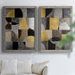 Set of two gray barnwood framed canvas prints depicting semicircles, rectangles, textured panels, and metallic-looking accents arranged across two complementary compositions above a sofa in a bright living space.