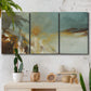 Three-panel canvas wall art featuring earth toned abstract solar landscape, displayed in a boho-chic entryway above a console table.