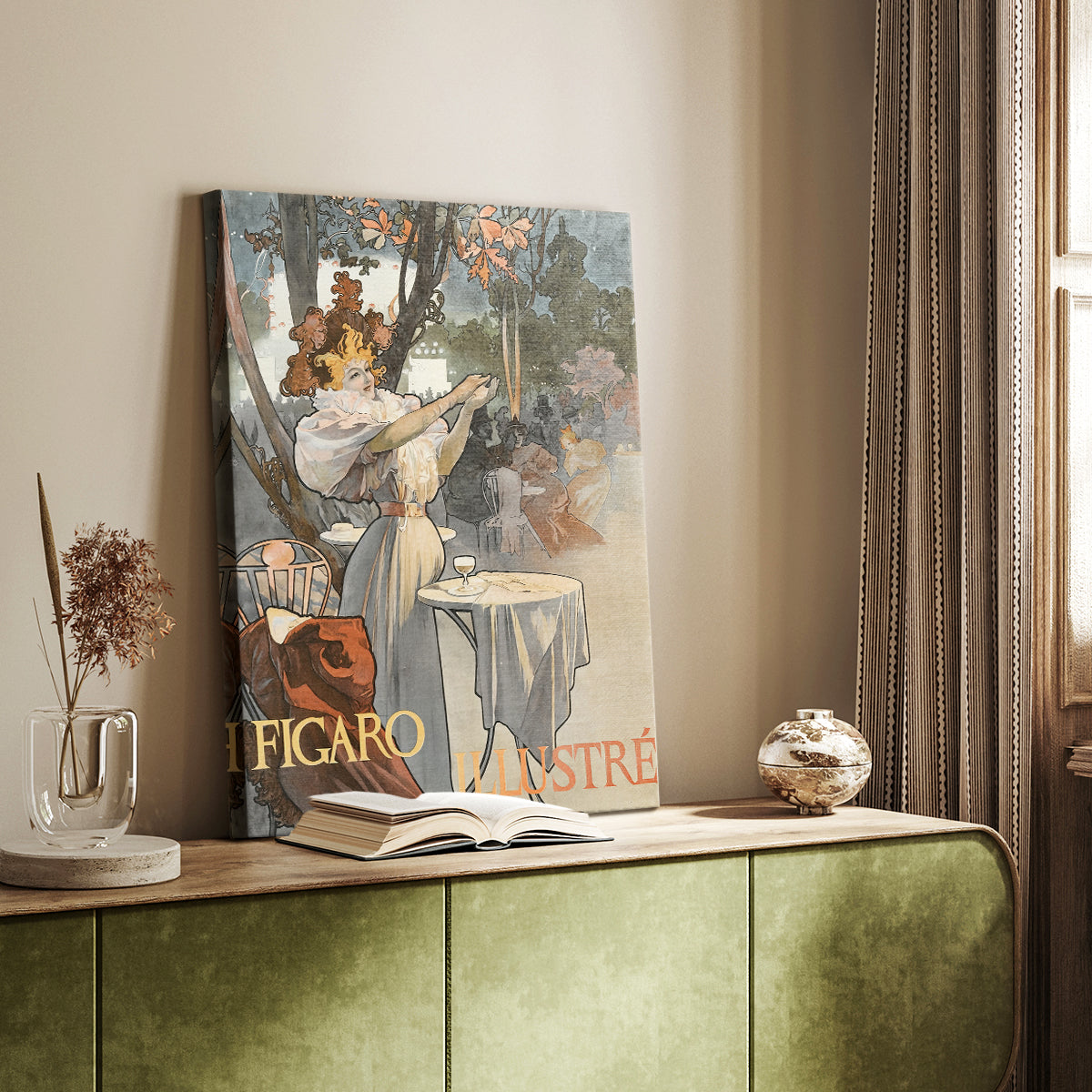 Canvas art print of a vintage advertisement featuring a stylized figure and decorative text styled in a home decor setting.