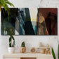 Three-panel canvas wall art featuring layered neutral abstract textures, displayed in a boho-chic entryway above a console table.