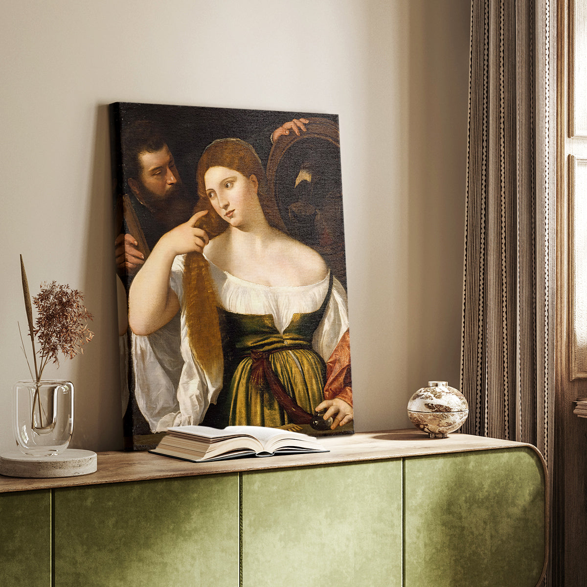 Canvas art print of a refined figure with reflective object and soft light styled in a home decor setting.