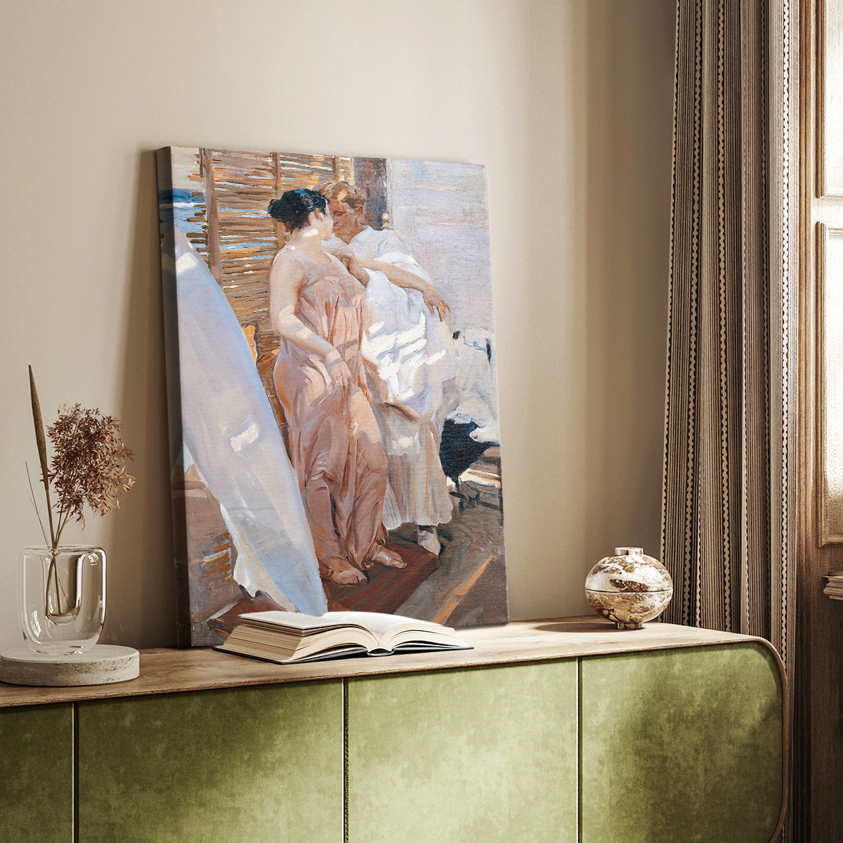 Canvas art print of a relaxed figure with gentle tones and delicate texture styled in a home decor setting.
