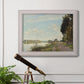Impressionist river scene with red boats by Claude Monet in an ornate weathered white frame displayed in a light-toned interior setting.