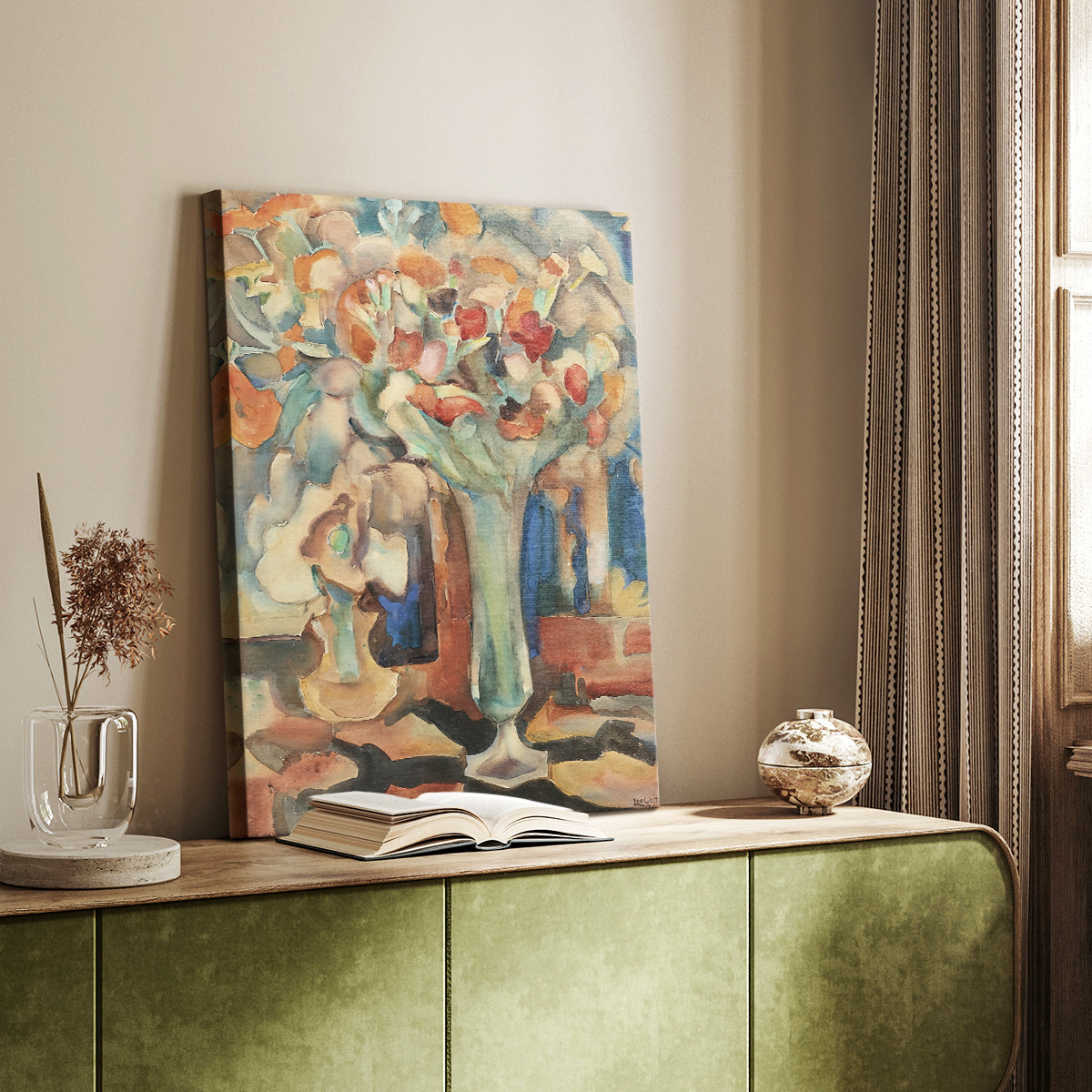 Canvas art print of a floral composition with loose brushwork and gentle color styled in a home decor setting.