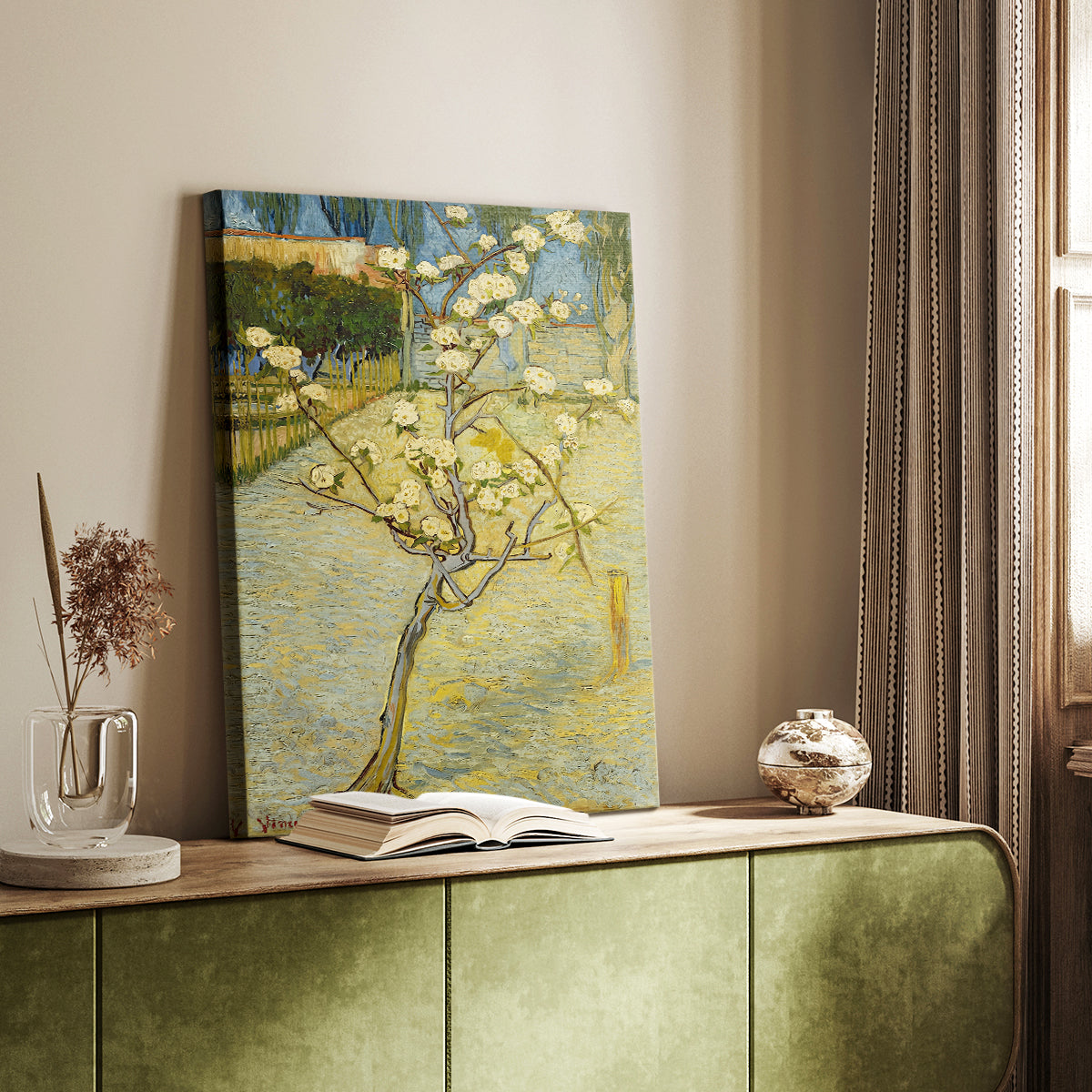 Canvas art print of a bright nature composition with delicate blossoms and soft color styled in a home decor setting.