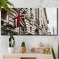 Three-panel canvas wall art featuring london street scene photograph, displayed in a boho-chic entryway above a console table.