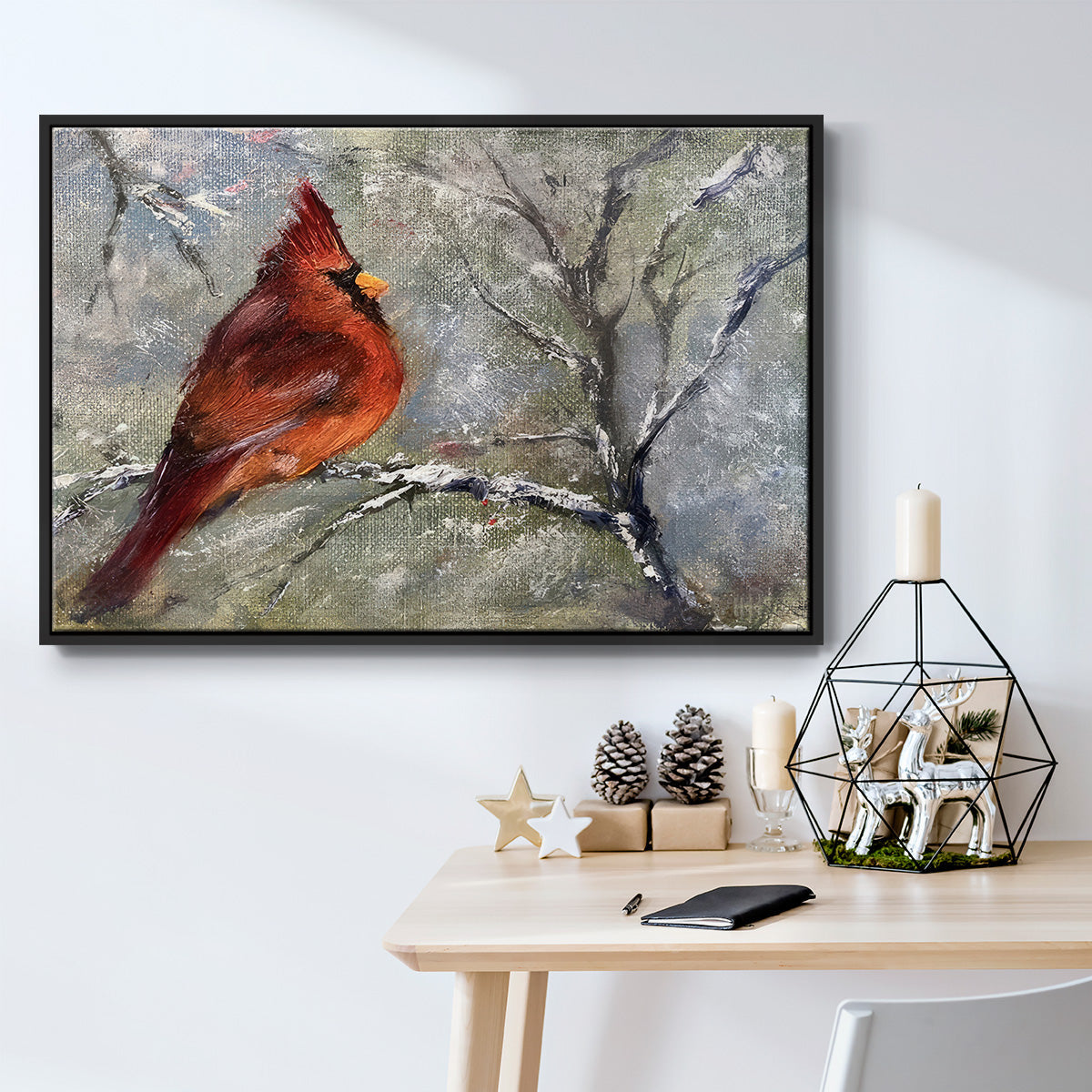 Cardinal in Snow II - Framed Gallery Wrapped Canvas in Floating Frame