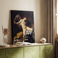 Canvas art print of a youthful figure surrounded by objects with strong contrast styled in a home decor setting.