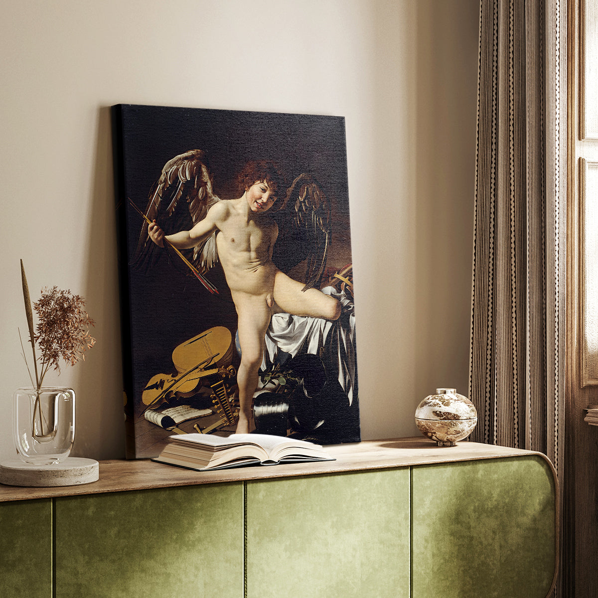Canvas art print of a youthful figure surrounded by objects with strong contrast styled in a home decor setting.
