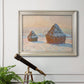 Impressionist winter haystack scene by Claude Monet in an ornate champagne frame displayed in a light-toned interior setting.