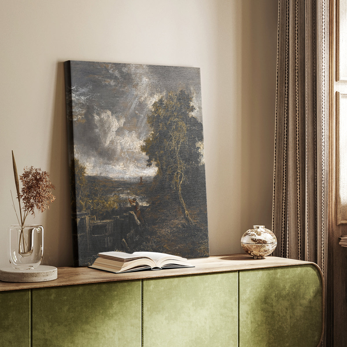 Canvas art print of a pastoral scene with water, greenery, and gentle sky styled in a home decor setting.