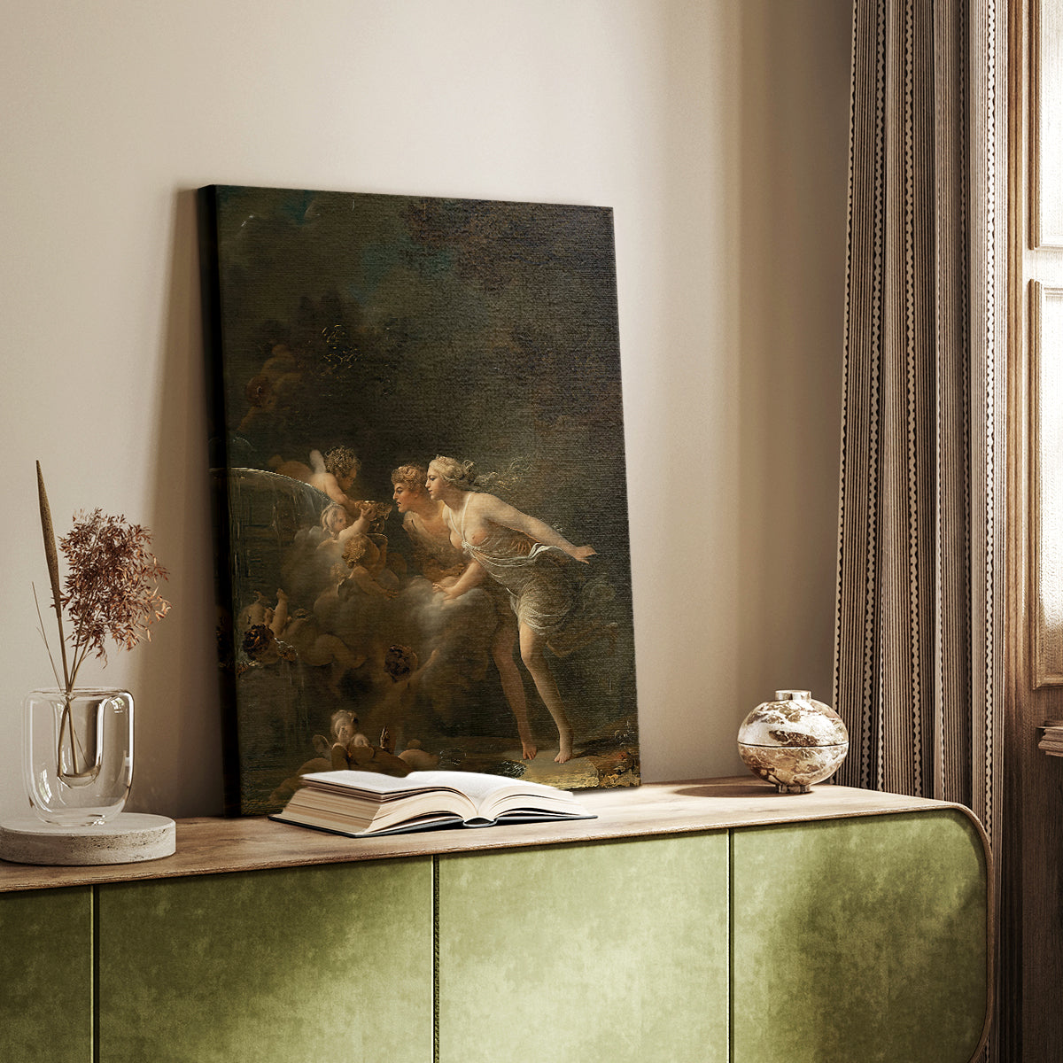 Canvas art print of a Romantic outdoor setting with flowing forms and soft color styled in a home decor setting.