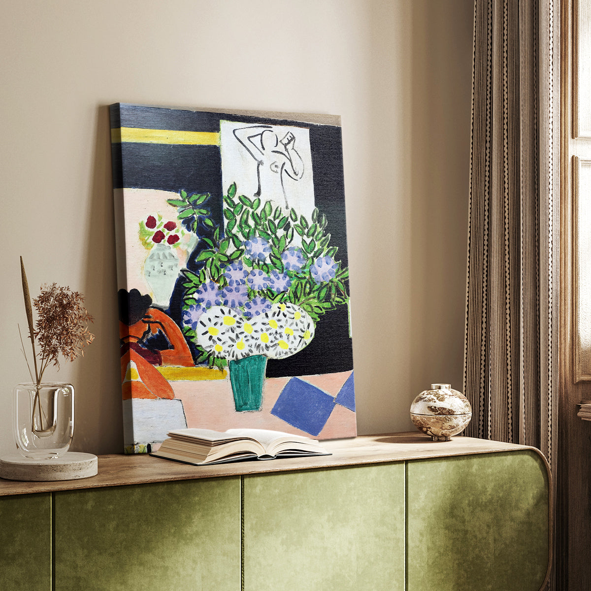 Canvas art print of a stylized composition with strong contrast and simple form styled in a home decor setting.