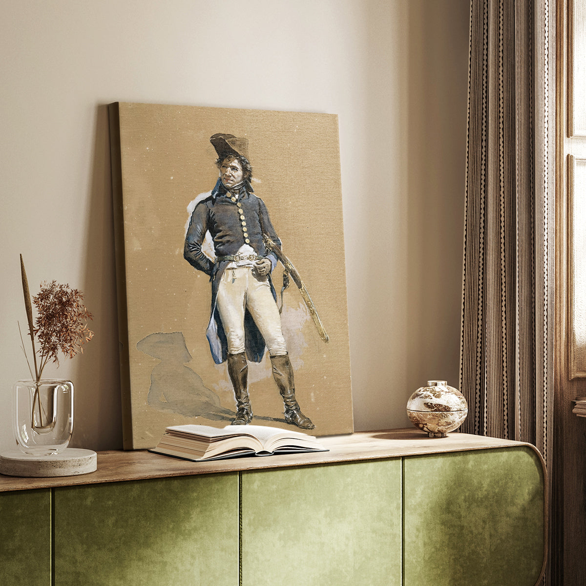 Canvas art print of a historical figure in military attire with composed stance styled in a home decor setting.