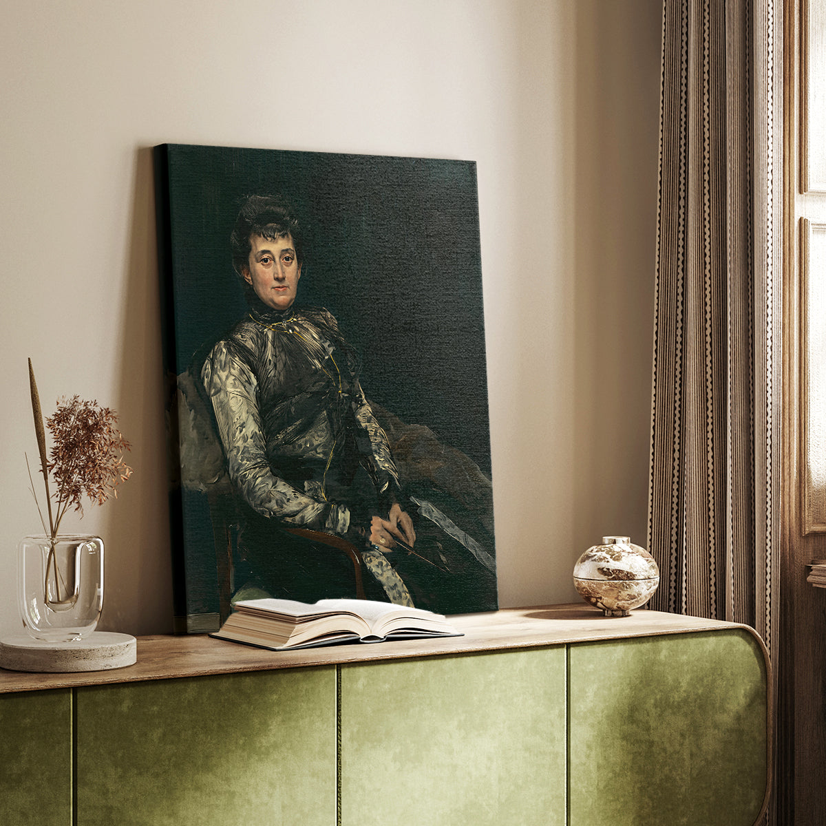 Canvas art print of a poised figure with detailed clothing and gentle tones styled in a home decor setting.