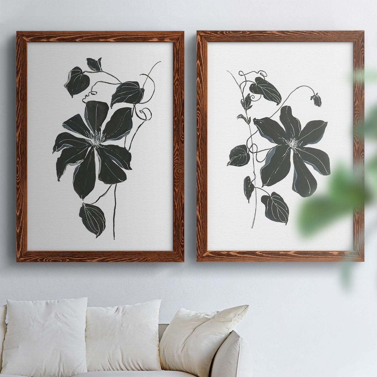 Set of two maple barnwood framed canvas prints depicting bold dark leaves, curving stems, and clean white grounds arranged across two complementary compositions above a sofa in a bright living space.