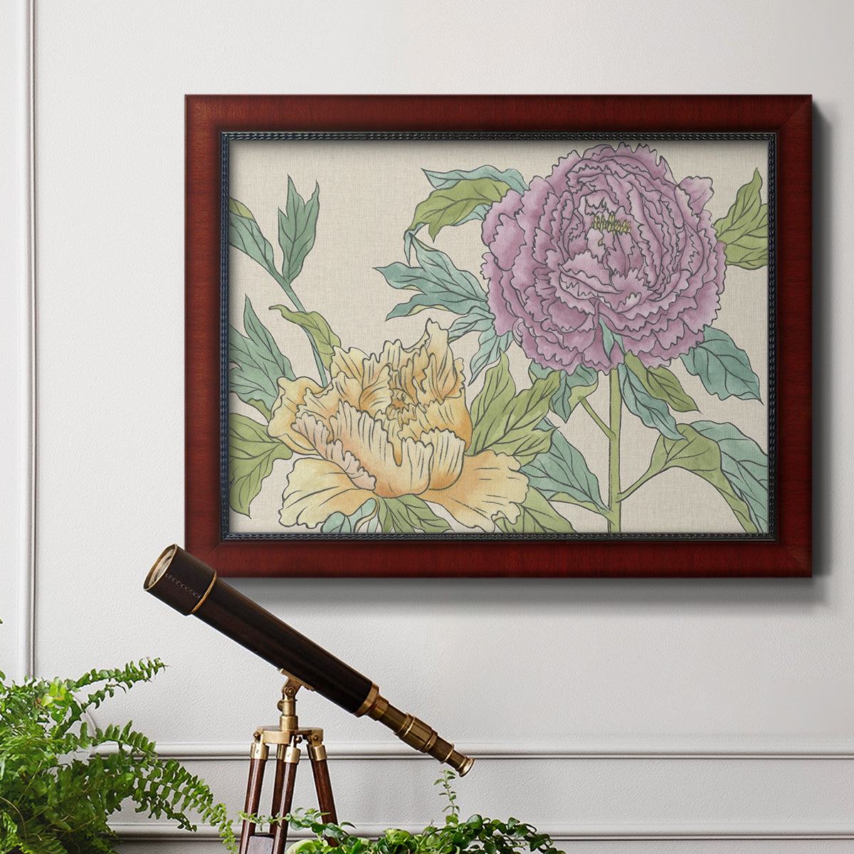 Contemporary peony flower illustration in an ornate cherry burl wood frame displayed in a light-toned interior setting.