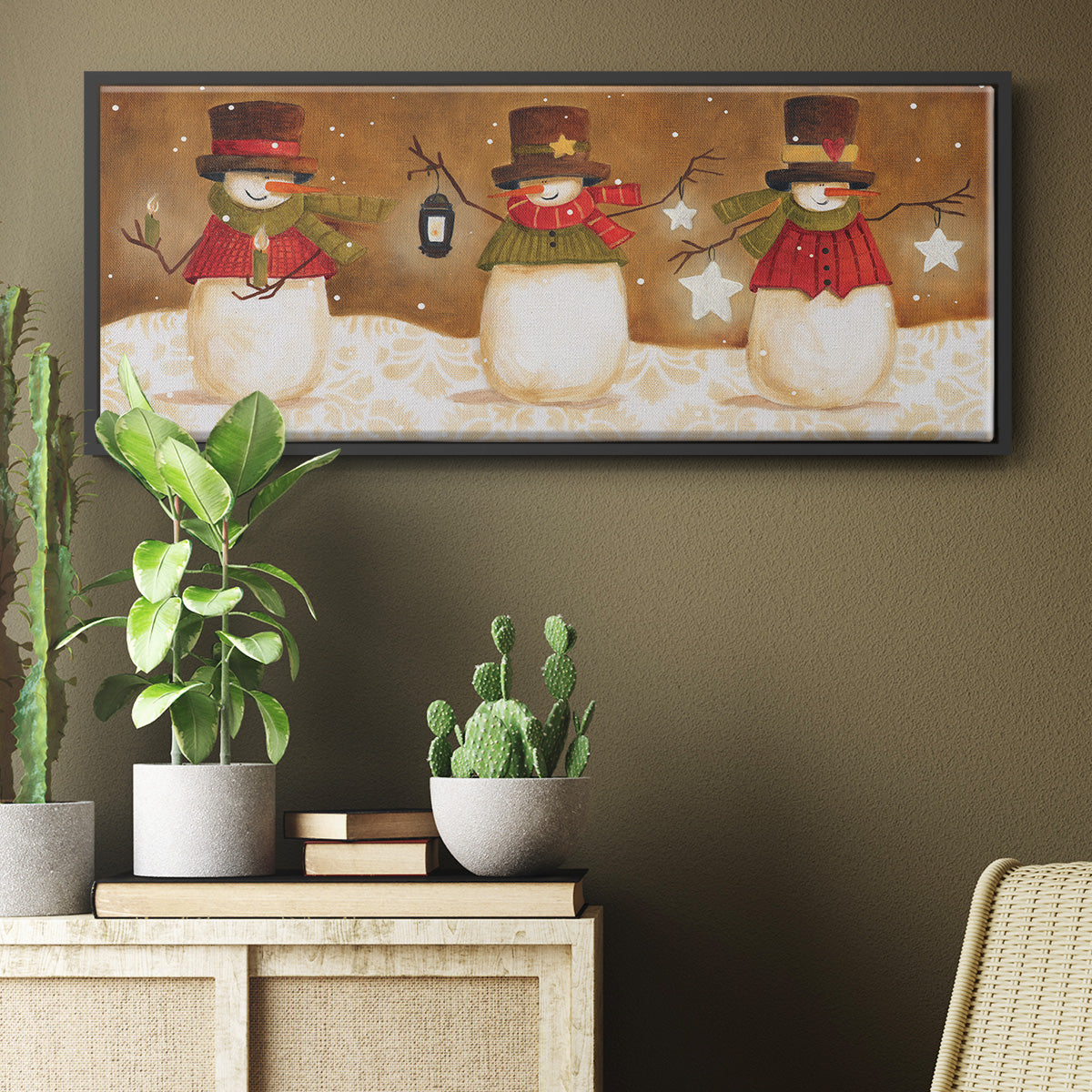 Top Hat Snowmen - Floater Framed Canvas Print