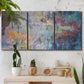 Three-panel canvas wall art featuring abstract evening landscape with depth, displayed in a boho-chic entryway above a console table.
