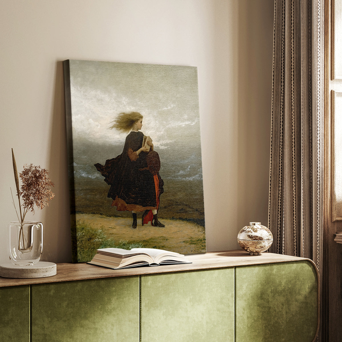 Canvas art print of a solitary figure in soft natural light with subdued tones styled in a home decor setting.