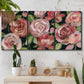 Three-panel canvas wall art featuring bold red floral abstraction, displayed in a boho-chic entryway above a console table.